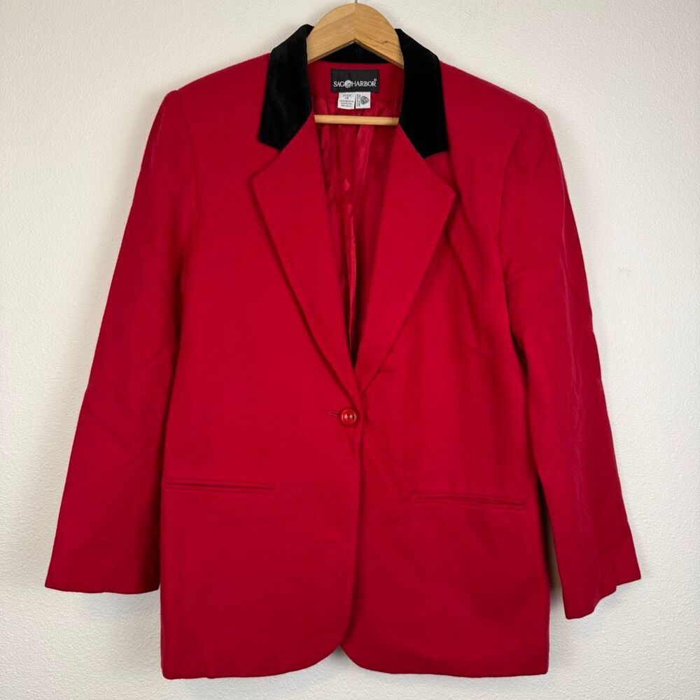Vintage Sag Harbor Wool Black Collar Red Blazer Jacket Size 14